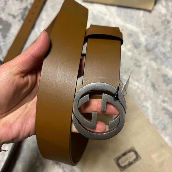 GUCCI 546389 INTERLOCKING LEATHER BELT BROWN - Picture 5 of 6